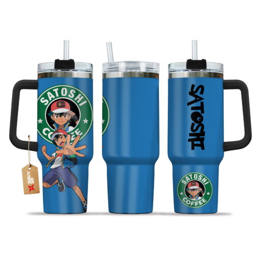 ash ketchum satoshi coffee pokemon anime custom stanley quencher 40oz stainless steel tumbler with handle aud03