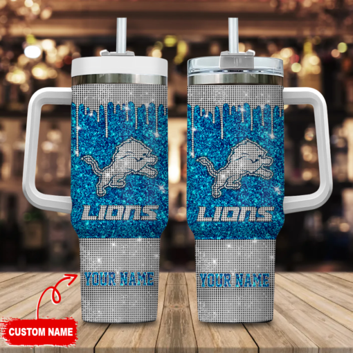 detroit lions nfl glitter and diamonds bling custom stanley quencher 40oz stainless steel tumbler with handle jjig7