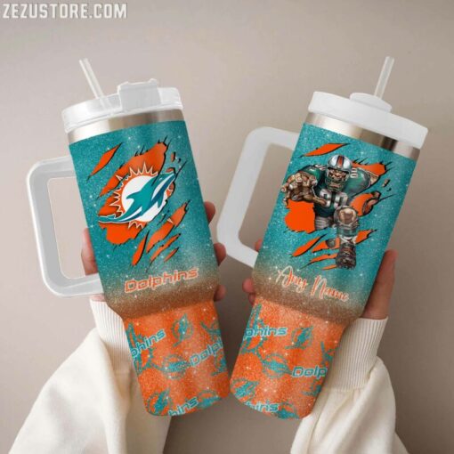 miami dolphins nfl glitter custom stanley quencher 40oz stainless steel tumbler with handle cndnr