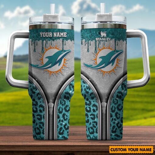 miami dolphins nfl glitter leopard print custom stanley quencher 40oz stainless steel tumbler with handle cp1af