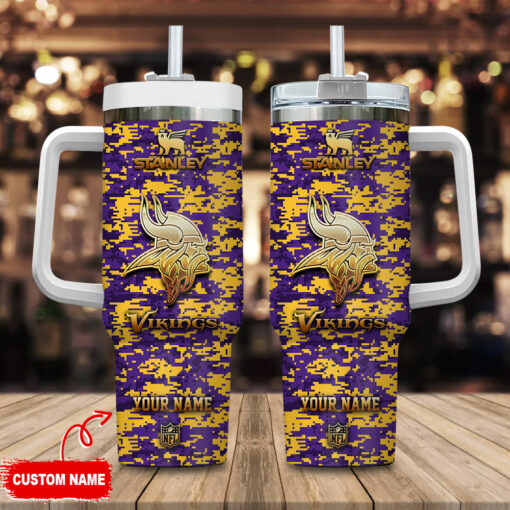 minnesota vikings nfl camouflage golden logo custom stanley quencher 40oz stainless steel tumbler with handle n21n8