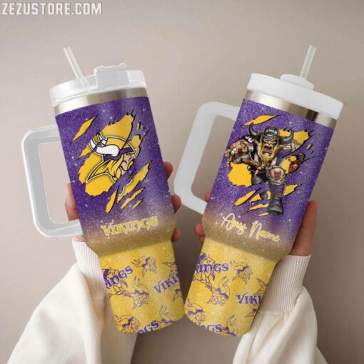 minnesota vikings nfl glitter custom stanley quencher 40oz stainless steel tumbler with handle