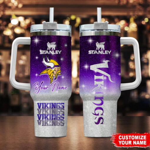 minnesota vikings nfl glitter custom stanley quencher 40oz stainless steel tumbler with handle