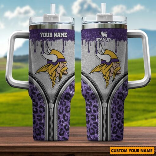 minnesota vikings nfl glitter leopard print custom stanley quencher 40oz stainless steel tumbler with handle mcvrq