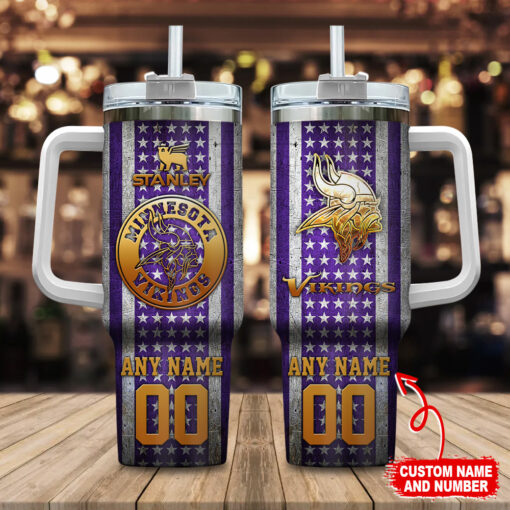 minnesota vikings nfl golden logos us flag custom stanley quencher 40oz stainless steel tumbler with handle gk3op