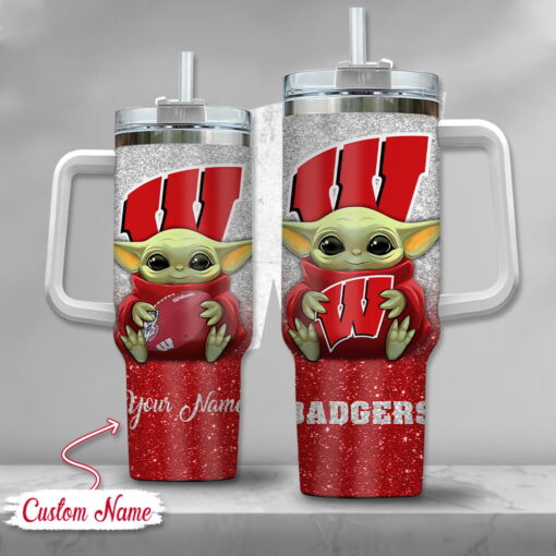 ncaa wisconsin badgers baby yoda custom stanley quencher 40oz stainless steel tumbler with handle oeutc