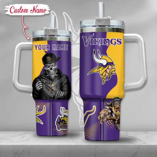 nfl minnesota vikings gangster skeleton custom stanley quencher 40oz stainless steel tumbler with handle