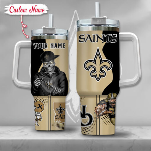 nfl new orleans saints gangster skeleton custom stanley quencher 40oz stainless steel tumbler with handle