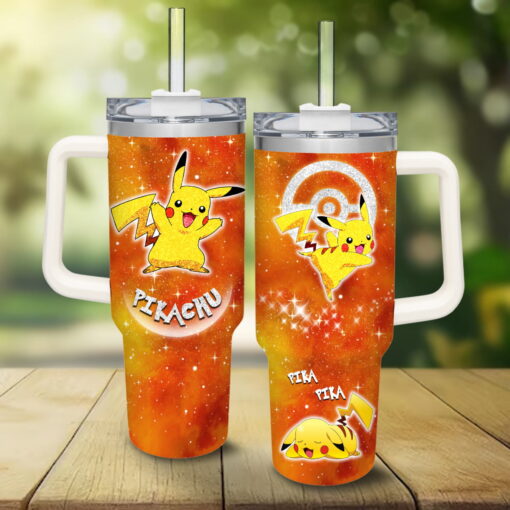 pikachu pokemon cartoon custom stanley quencher 40oz stainless steel tumbler with handle