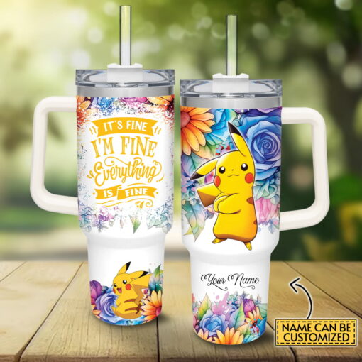 pikachu pokemon cartoon custom stanley quencher 40oz stainless steel tumbler with handle mkmo9