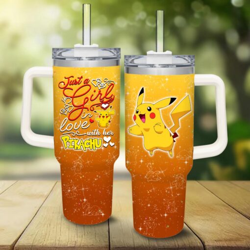 pikachu pokemon cartoon custom stanley quencher 40oz stainless steel tumbler with handle