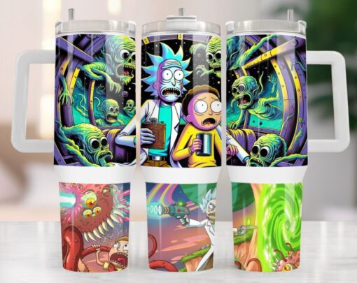 rich and morty cartoon custom stanley quencher 40oz stainless steel tumbler with handle