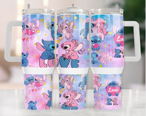 stitch couple disney cartoon custom stanley quencher 40oz stainless steel tumbler with handle