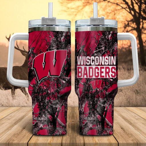 wisconsin badgers ncaa hunting custom stanley quencher 40oz stainless steel tumbler with handle 6k218