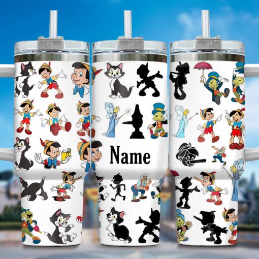 pinocchio cartoon custom stanley quencher 40oz stainless steel tumbler with handle