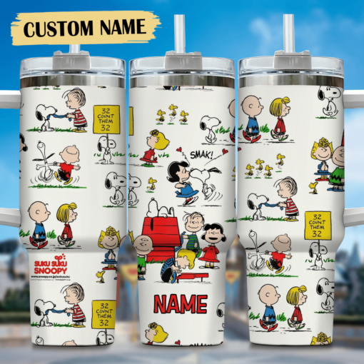 snoopy cartoon custom stanley quencher 40oz stainless steel tumbler with handle