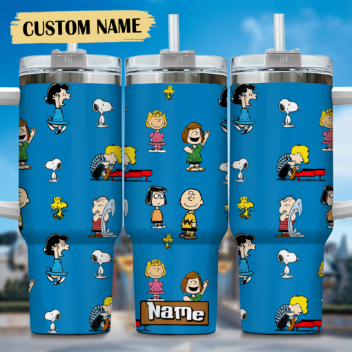 snoopy cartoon custom stanley quencher 40oz stainless steel tumbler with handle