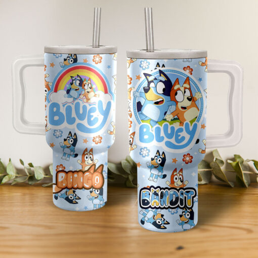 bandit and bingo heeler bluey cartoon custom stanley quencher 40oz stainless steel tumbler with handle bbuez 1