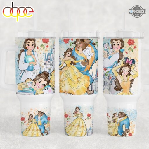 belle beauty and the beast cartoon custom stanley quencher 40oz stainless steel tumbler with handle