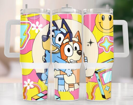 bluey and bingo heeler cartoon custom stanley quencher 40oz stainless steel tumbler with handle zqpct