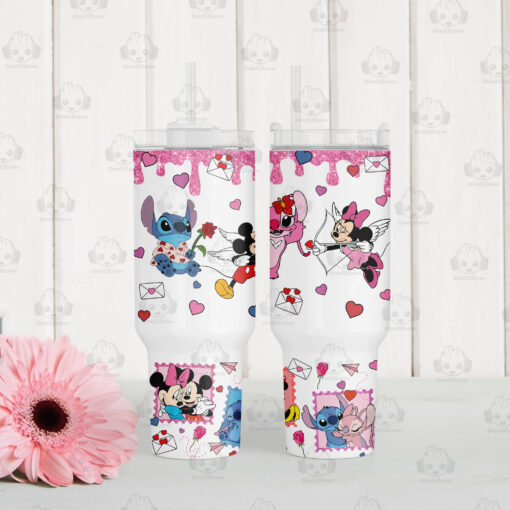 mickey and stitch valentines gift disney cartoon custom stanley quencher 40oz stainless steel tumbler with handle