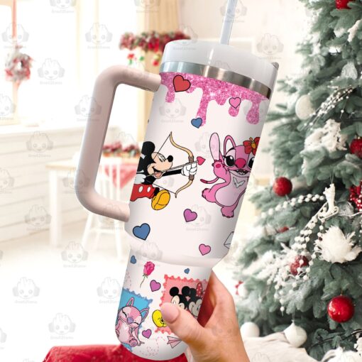 mickey and stitch valentines gift disney cartoon custom stanley quencher 40oz stainless steel tumbler with handle pqqc0