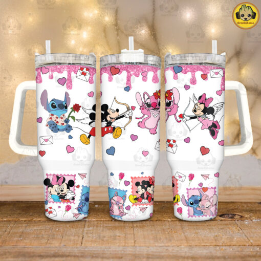 mickey and stitch valentines gift disney cartoon custom stanley quencher 40oz stainless steel tumbler with handle qopvg 1