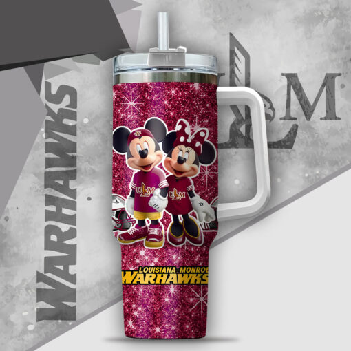 ncaa louisiana monroe warhawks mickey and minnie couple custom stanley quencher 40oz stainless steel tumbler with handle sbd2j