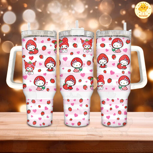 strawberry hello kitty sanrio cartoon custom stanley quencher 40oz stainless steel tumbler with handle ibrzx 1