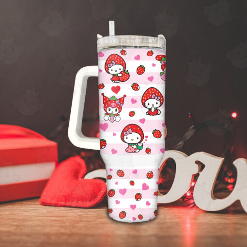 strawberry hello kitty sanrio cartoon custom stanley quencher 40oz stainless steel tumbler with handle