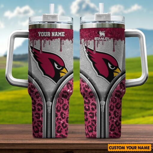 arizona cardinals nfl glitter leopard print custom stanley quencher 40oz stainless steel tumbler with handle jdmrt 1