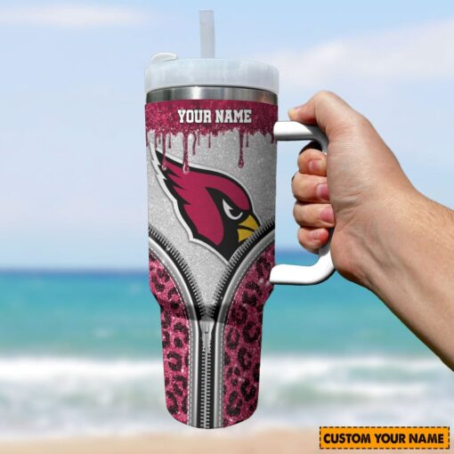 arizona cardinals nfl glitter leopard print custom stanley quencher 40oz stainless steel tumbler with handle riqwe