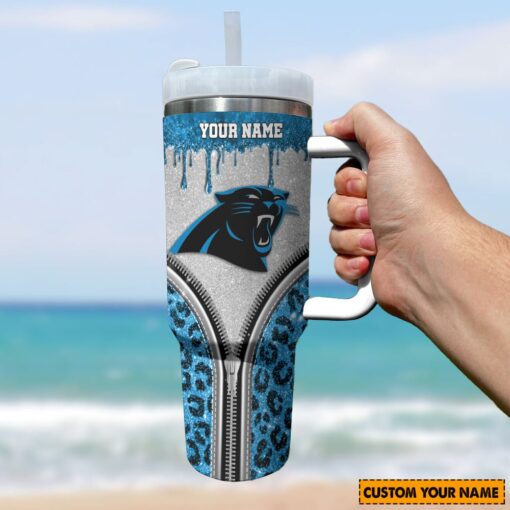 carolina panthers nfl glitter leopard print custom stanley quencher 40oz stainless steel tumbler with handle 8trhl