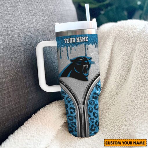 carolina panthers nfl glitter leopard print custom stanley quencher 40oz stainless steel tumbler with handle efwmy