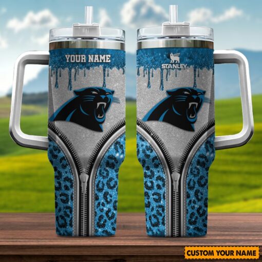 carolina panthers nfl glitter leopard print custom stanley quencher 40oz stainless steel tumbler with handle vshfg 1