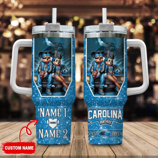 carolina panthers nfl mickey and minnie couple custom stanley quencher 40oz stainless steel tumbler with handle trimh 1