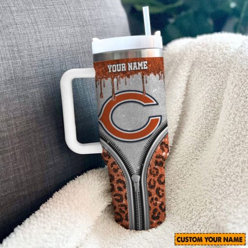 chicago bears nfl glitter leopard print custom stanley quencher 40oz stainless steel tumbler with handle c7mky