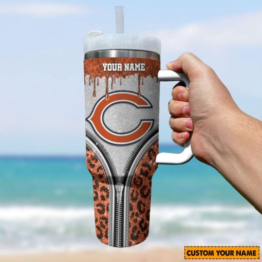 chicago bears nfl glitter leopard print custom stanley quencher 40oz stainless steel tumbler with handle rrmdw