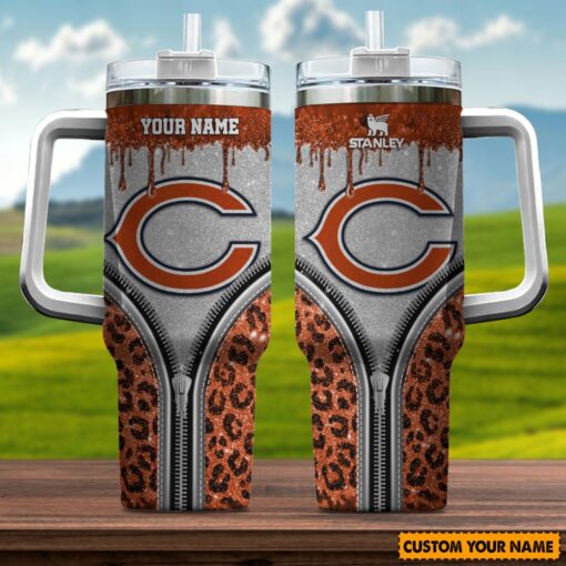 chicago bears nfl glitter leopard print custom stanley quencher 40oz stainless steel tumbler with handle vbkzz 1