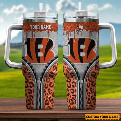 cincinnati bengals nfl glitter leopard print custom stanley quencher 40oz stainless steel tumbler with handle d6vta