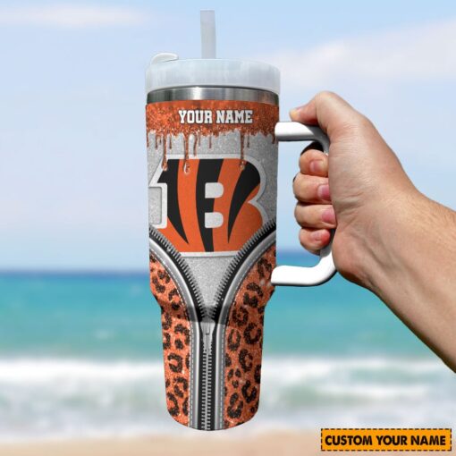 cincinnati bengals nfl glitter leopard print custom stanley quencher 40oz stainless steel tumbler with handle rsmam