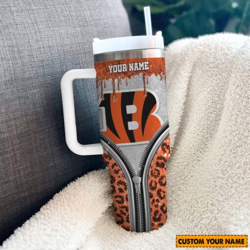 cincinnati bengals nfl glitter leopard print custom stanley quencher 40oz stainless steel tumbler with handle vhww0