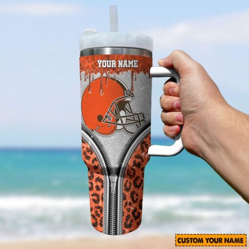 cleveland browns nfl glitter leopard print custom stanley quencher 40oz stainless steel tumbler with handle 2yyow