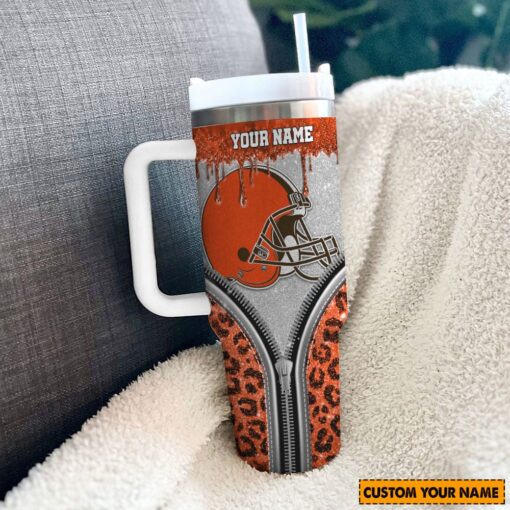 cleveland browns nfl glitter leopard print custom stanley quencher 40oz stainless steel tumbler with handle 6bvws