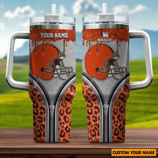 cleveland browns nfl glitter leopard print custom stanley quencher 40oz stainless steel tumbler with handle lnok8 1