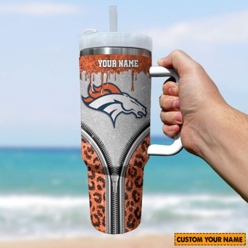 denver broncos nfl glitter leopard print custom stanley quencher 40oz stainless steel tumbler with handle wdki3