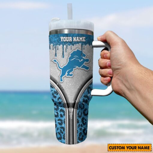 detroit lions nfl glitter leopard print custom stanley quencher 40oz stainless steel tumbler with handle 3flzz