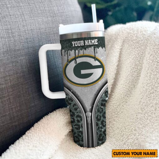 green bay packers nfl glitter leopard print custom stanley quencher 40oz stainless steel tumbler with handle h9bwr