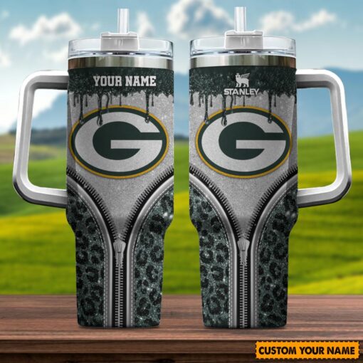 green bay packers nfl glitter leopard print custom stanley quencher 40oz stainless steel tumbler with handle knxoi 1