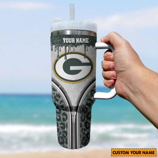 green bay packers nfl glitter leopard print custom stanley quencher 40oz stainless steel tumbler with handle wbtk3